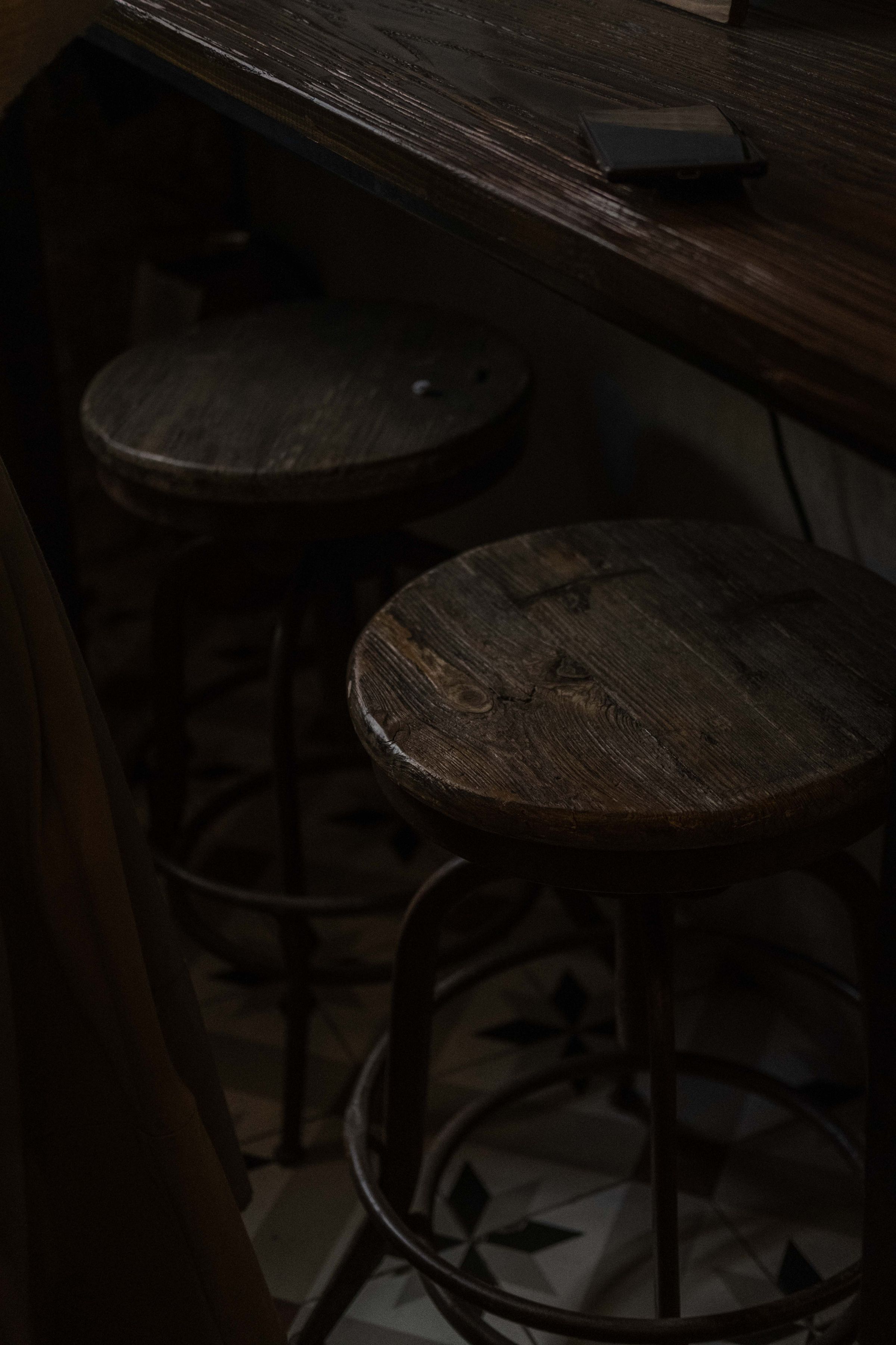 Two worn wooden stools under a dark counter, lights low